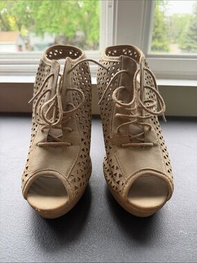 Forever 21 Tan Laser-Cut Lace-Up Peep Toe Wedge Booties
